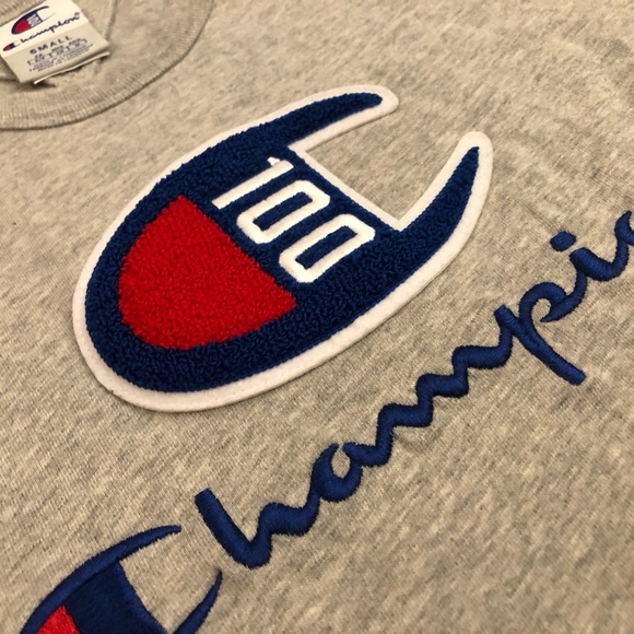 Rare HTF Champion 100th Anniversary GRAY Embroidery Logo T-Shirt Men's Small - Picture 2 of 10